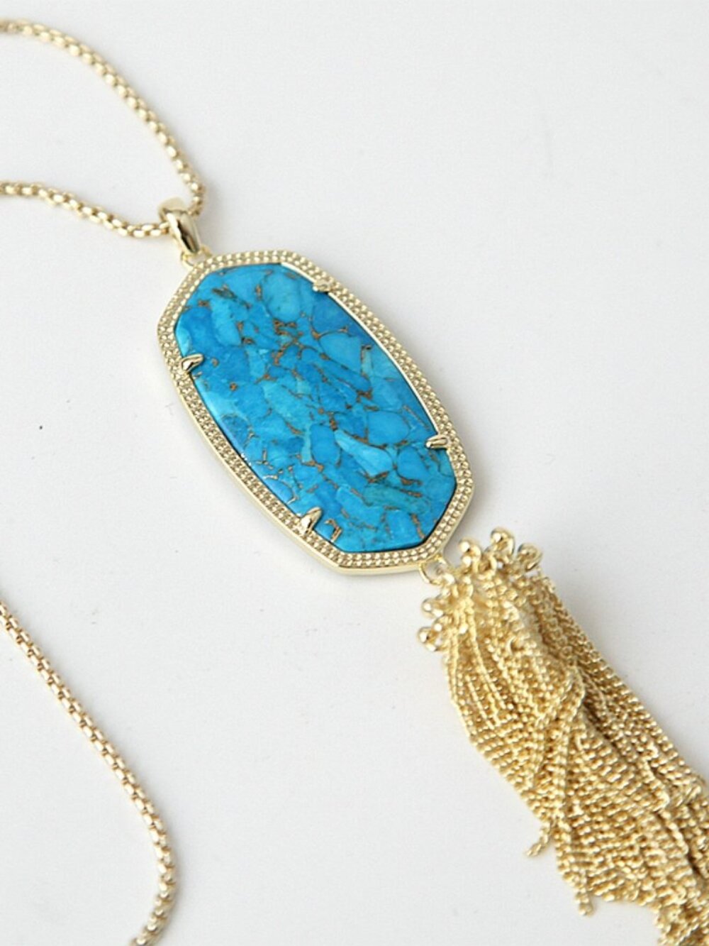 NEW! Kendra Scott Rayne Gold Veined Turquoise Long Necklace Tassel & Dust Bag